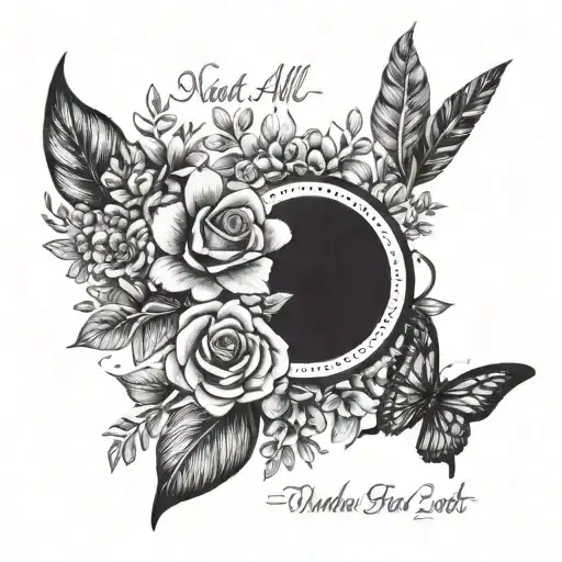 A combination of floral elements and the quote 'not all who wander are lost' in a black-grey style tattoo design idea