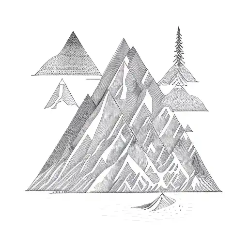 A trail winding through the mountains, with intricate geometric shapes representing different hiking paths in sketch style tattoo design idea