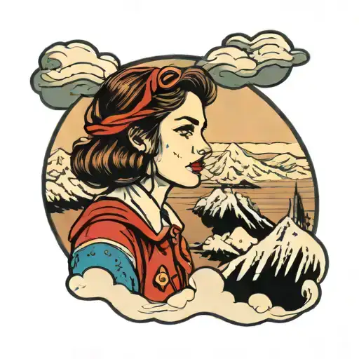 girl overlooking ocean and mountains in snow, she is sad and overlooking away from the foreground tattoo design idea