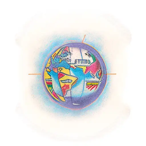 A minimalist tattoo of a globe with colorful language symbols inside tattoo design idea