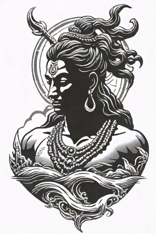 Lord Shiva with loose hair meditating black silhouette in right corner having Himalayas and ganga as background tattoo design idea