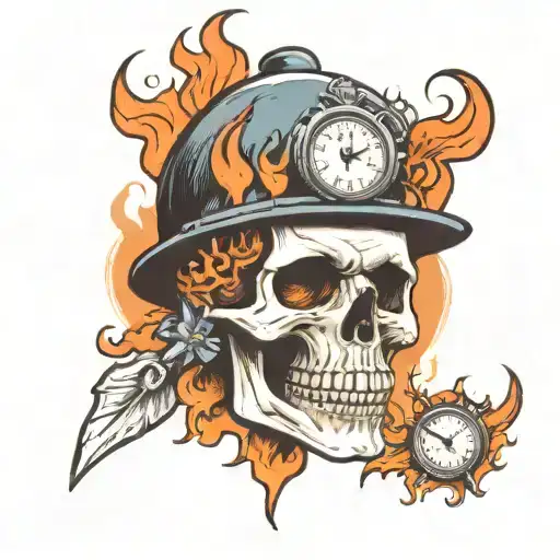 Skull with clock in forehead and flames surrounding it tattoo design idea
