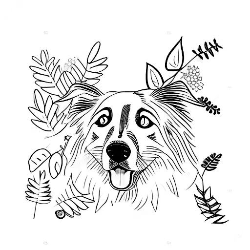 A border collie lying on his back surrounded by a vibrant garden of flowers and leaves tattoo design idea