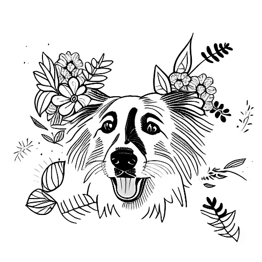 A border collie lying on his back surrounded by a vibrant garden of flowers and leaves tattoo design idea