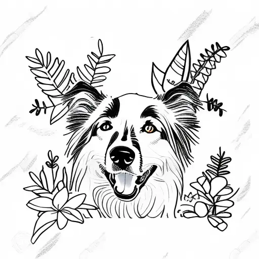 A border collie lying on his back surrounded by a vibrant garden of flowers and leaves tattoo design idea