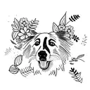 A border collie lying on his back surrounded by a vibrant garden of flowers and leaves tattoo design idea
