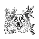 A border collie lying on his back surrounded by a vibrant garden of flowers and leaves tattoo design idea