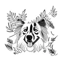 A border collie lying on his back surrounded by a vibrant garden of flowers and leaves tattoo design idea