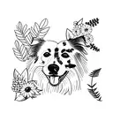 A border collie lying on his back surrounded by a vibrant garden of flowers and leaves tattoo design idea