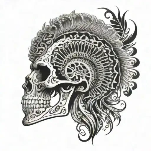 male peacock fanning frathers into a skull tattoo design idea