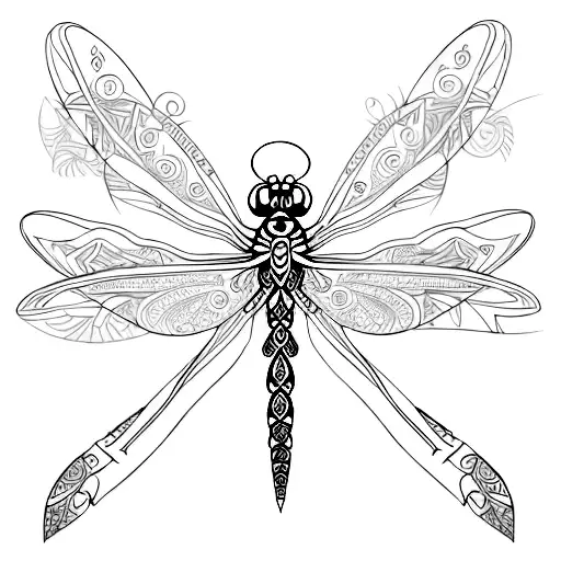 An elegant dragonfly tattoo with intricate patterns and geometric shapes, incorporating elements of astrology symbols, for a unique and personal design tattoo design idea