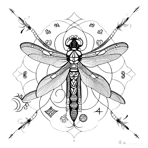 An elegant dragonfly tattoo with intricate patterns and geometric shapes, incorporating elements of astrology symbols, for a unique and personal design tattoo design idea