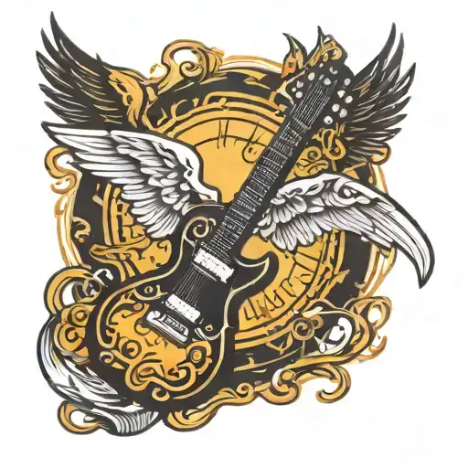 electric guitar, halo, Sun, wings spread wide tattoo design idea