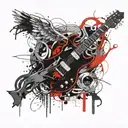 electric guitar, halo, Sun, wings spread wide tattoo design idea