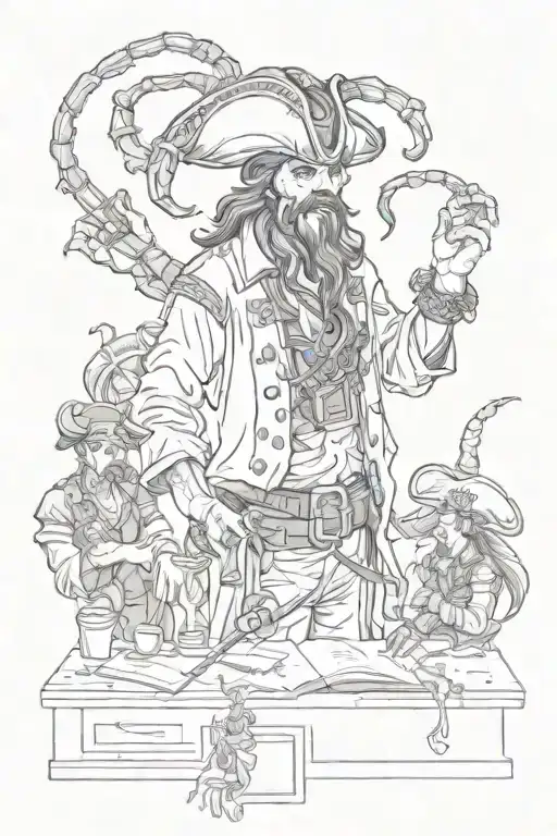 A teacher with a scorpion crown teaching a class of pirate students tattoo design idea