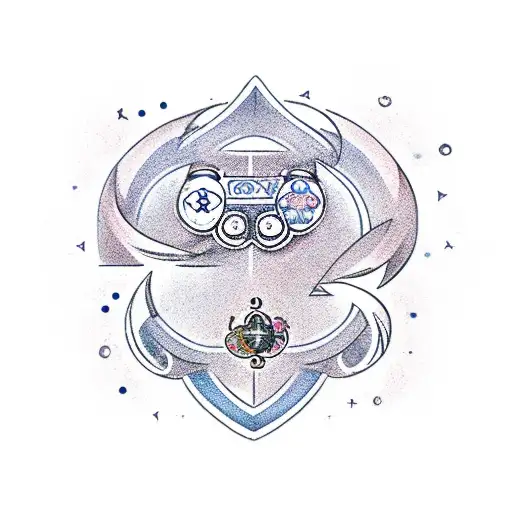 realistic depiction of a playstation 5 video game controller with a Gemini zodiac symbol and plumeria flowers tattoo design idea