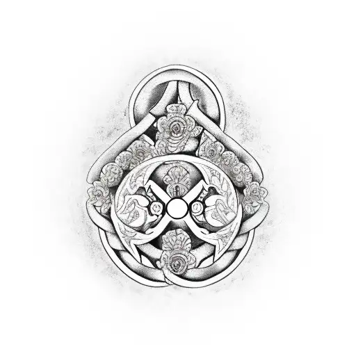 A realistic depiction of a video game controller intertwined with Gemini zodiac symbols and plumeria flowers tattoo design idea