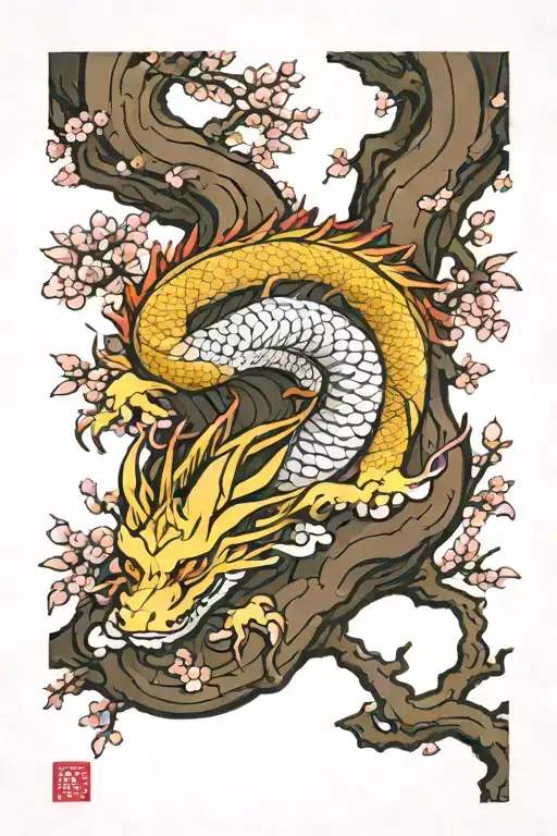 sleeping dragon under sakura tree trunk tattoo design idea