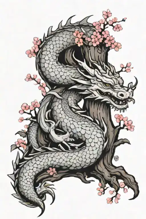 sleeping dragon under sakura tree trunk tattoo design idea