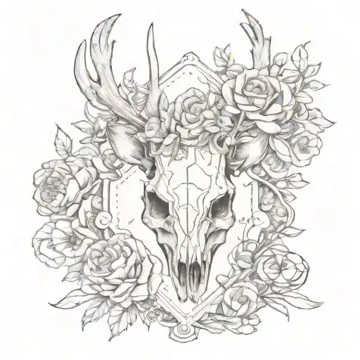 a playing card flowers and deer skull  inside  tattoo design idea