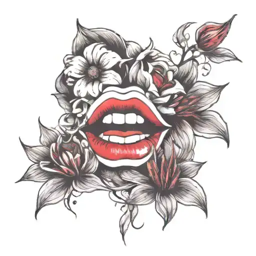 sexy lips flowers shoulder tattoo. more flowers and vines. sexier lips with tongue licking  tattoo design idea