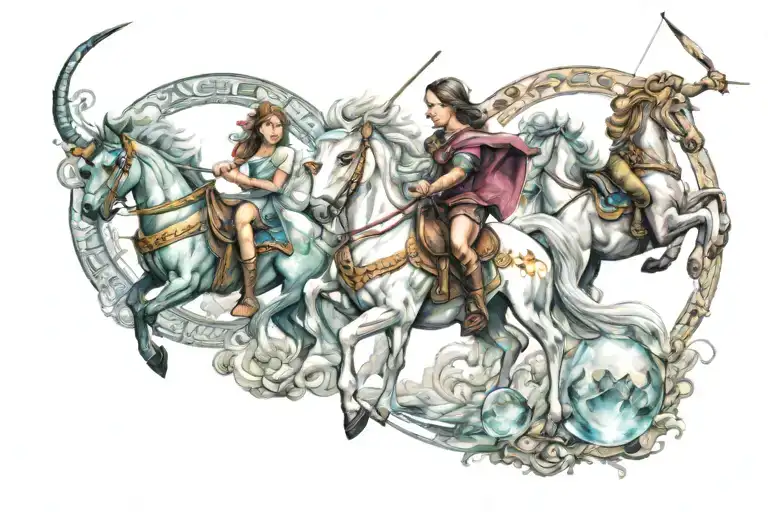 fantasy woman,a boy shooting an arrow,a boy looking to a crystal ball and a girl riding a unicorn tattoo design idea