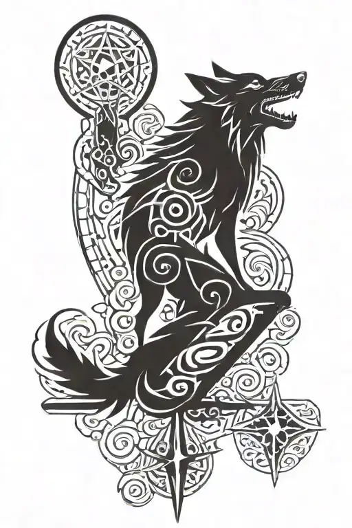 morning star candlestick pattern with wolf and trident  tattoo design idea