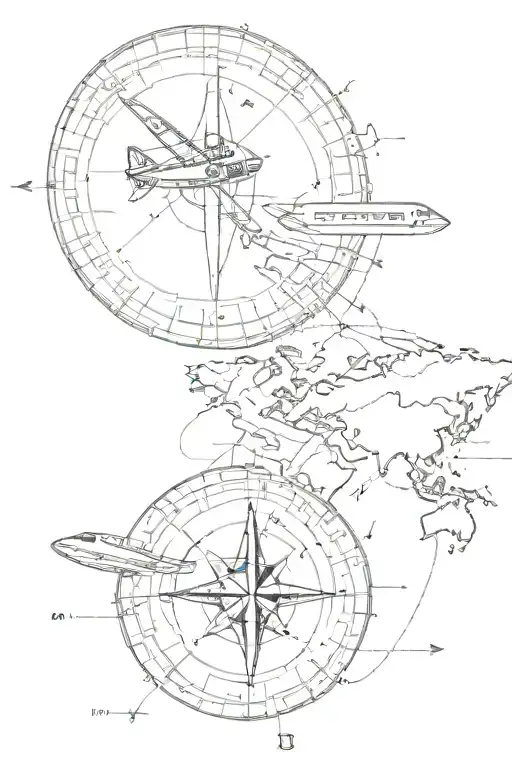 map overlayed on compass with arrows small airplane  tattoo design idea