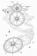 map overlayed on compass with arrows small airplane  tattoo design idea