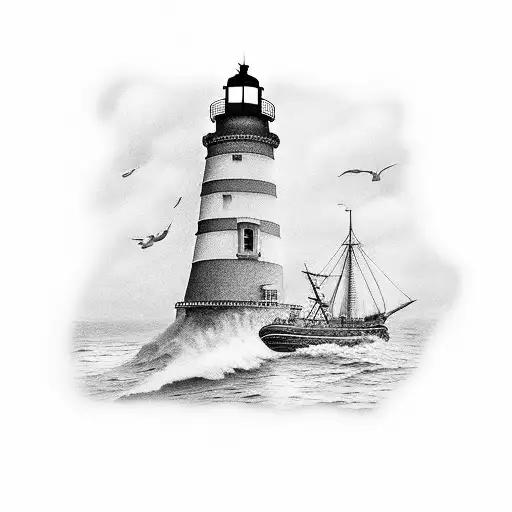 ship in front of lighthouse tattoo design idea
