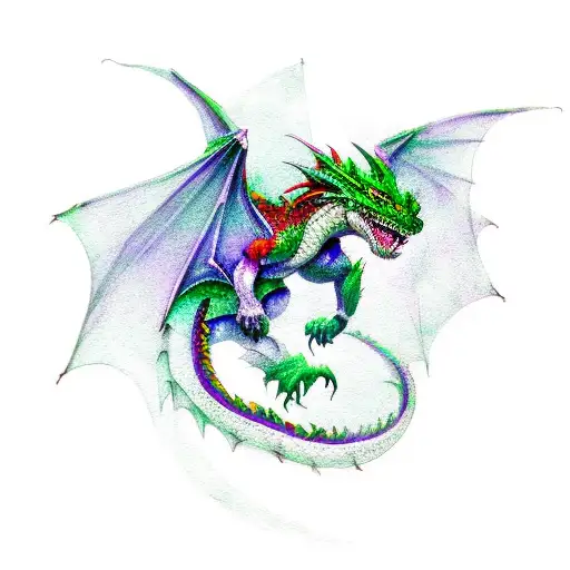 green, red and purple watercolor dragon flying tattoo design idea
