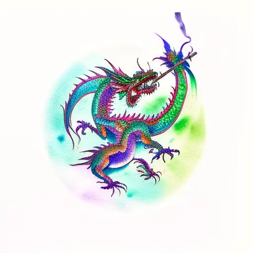 green, red and purple watercolor dragon flying tattoo design idea