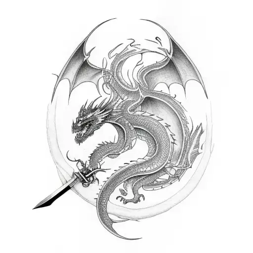 line work of a tattoo including a sword and dragon wings, the lyric from the song Long Live tattoo design idea