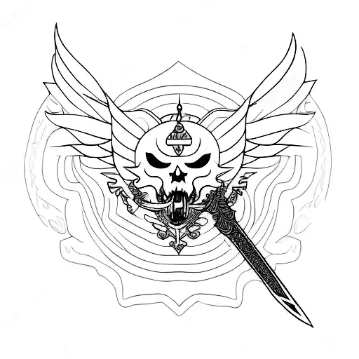 line work of a tattoo including a sword and dragon wings, the lyric from the song Long Live tattoo design idea