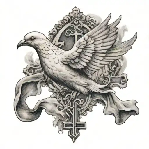 Dove holding a cross on its chest while flying with smoke around it tattoo design idea