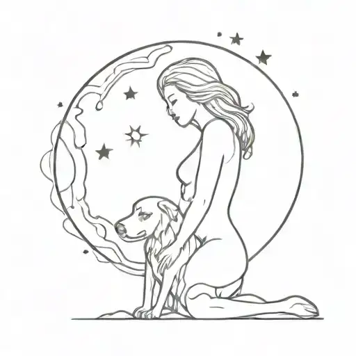 girl hugging her dog moon surrounded line drawing tattoo design idea