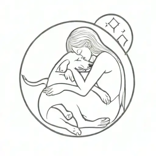girl hugging her dog sleeping moon surrounded tattoo design idea