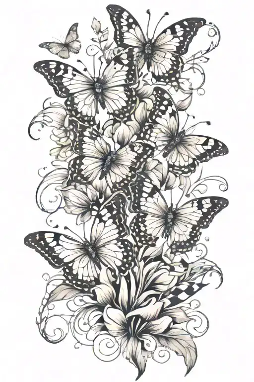 butterflies, tulips, sunflowers faded geometric pattern tattoo design idea