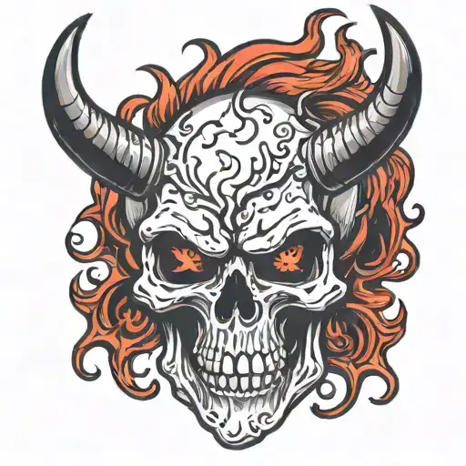 skull looking right with red devil horns and fire eyes  tattoo design idea