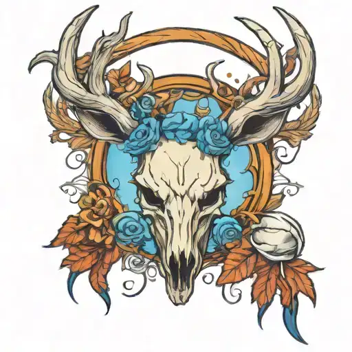 deer skull with blue eyes and blue angel halo and angel wings tattoo design idea