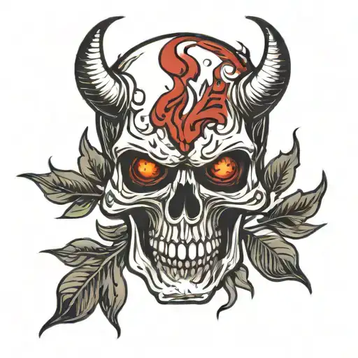 skull looking right with red devil horns and fire eyes  tattoo design idea