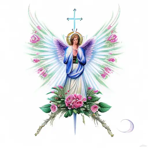  Archangel Gabriel with Roses Background and Religious Mix tattoo design idea