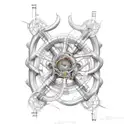 A biomechanical design of a motorcycle engine merging with a DNA strand, symbolizing the client's occupation as a biologist tattoo design idea