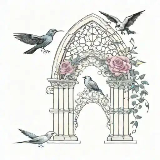 gothic arch with two birds in the middle, ocean and a rose  tattoo design idea