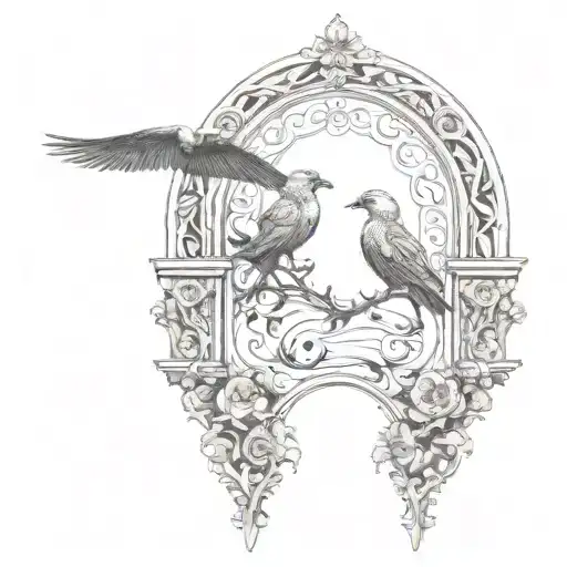 gothic arch with two birds in the middle, ocean wave tattoo design idea