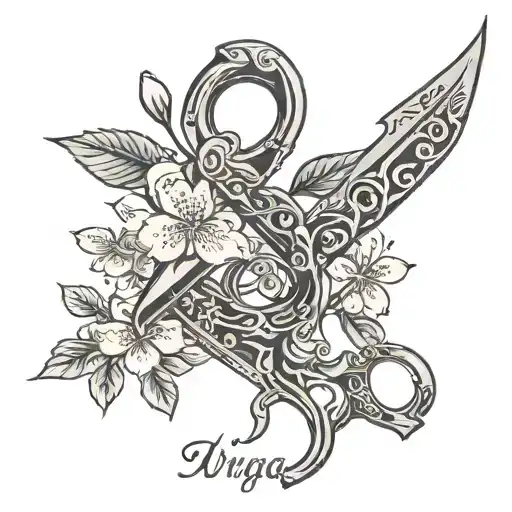 A Virgo zodiac symbol made up of hair cutting scissors and traditional Japanese cherry blossoms tattoo design idea