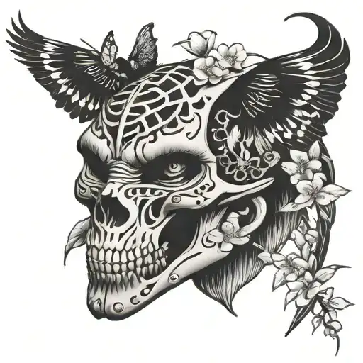 hawk, sexy skull, black panther, cherry blossoms with butterfly tattoo design idea