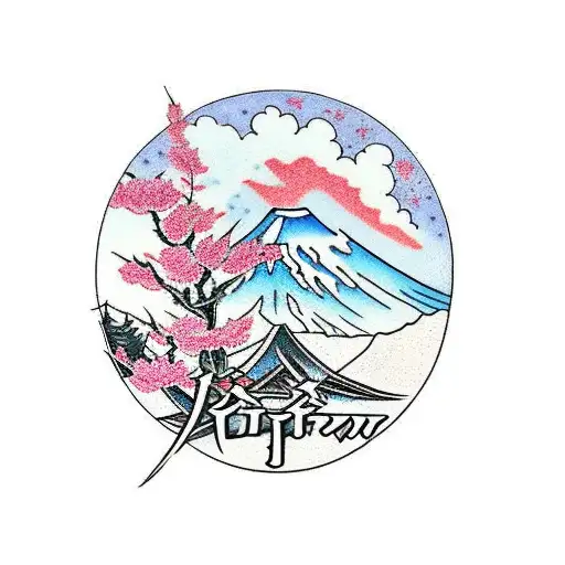 Mount Fuji with a katana and cherry blossom  tattoo design idea