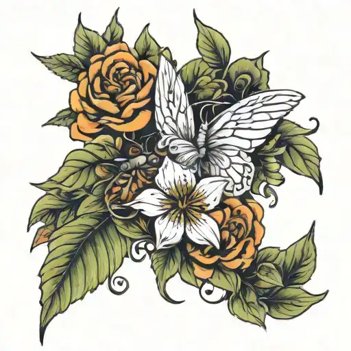 Flowers, biblically accurate angels, bugs tattoo design idea