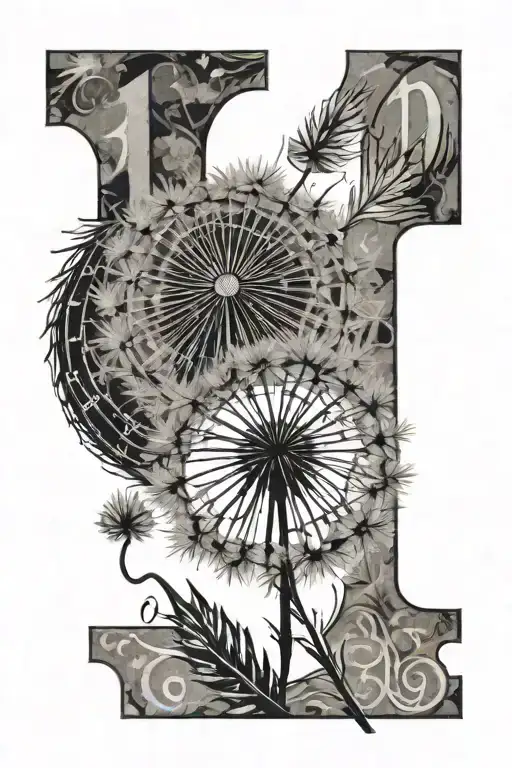 big dandelion with sum of the flower pieces flying away with big bold roman numerals for the date of March 28th 1944 tattoo design idea